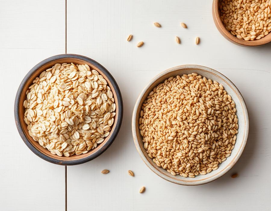 Bowls of oats and barley on a pale wooden table